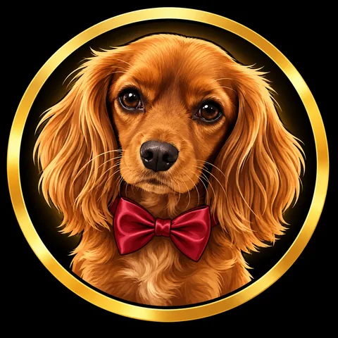 El spaniel de KAY9 con pajarita roja, dentro del anillo de latón