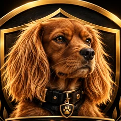 The KAY9 spaniel wearing a badge on its collar, inside the brass crest