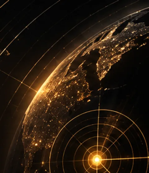 A lit globe under a brass radar sweep