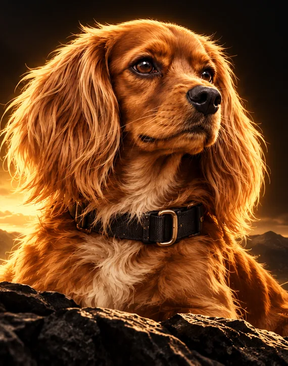 Der KAY9-Spaniel auf einem Grat in der Dämmerung, das Tal im Blick